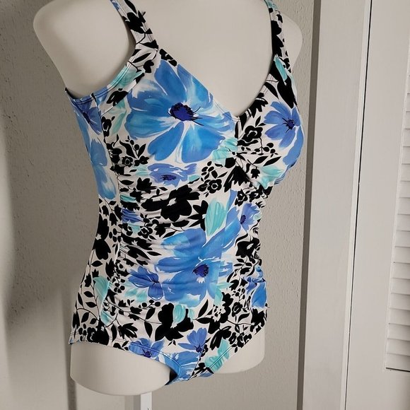 Gabar Ruched One-Piece Slimming Swimsuit ~ Sz 12 ~ Blue & White Floral - Picture 2 of 5